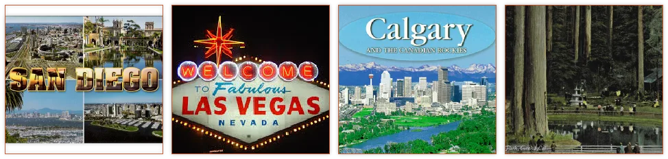 Four destination photos: San Diego, Las Vegas, Calgary and a forest