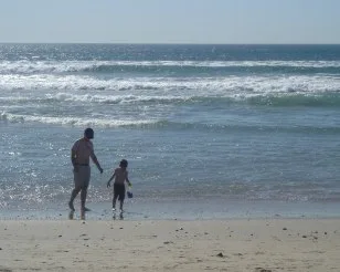 Dad and child walking along an ocean beach